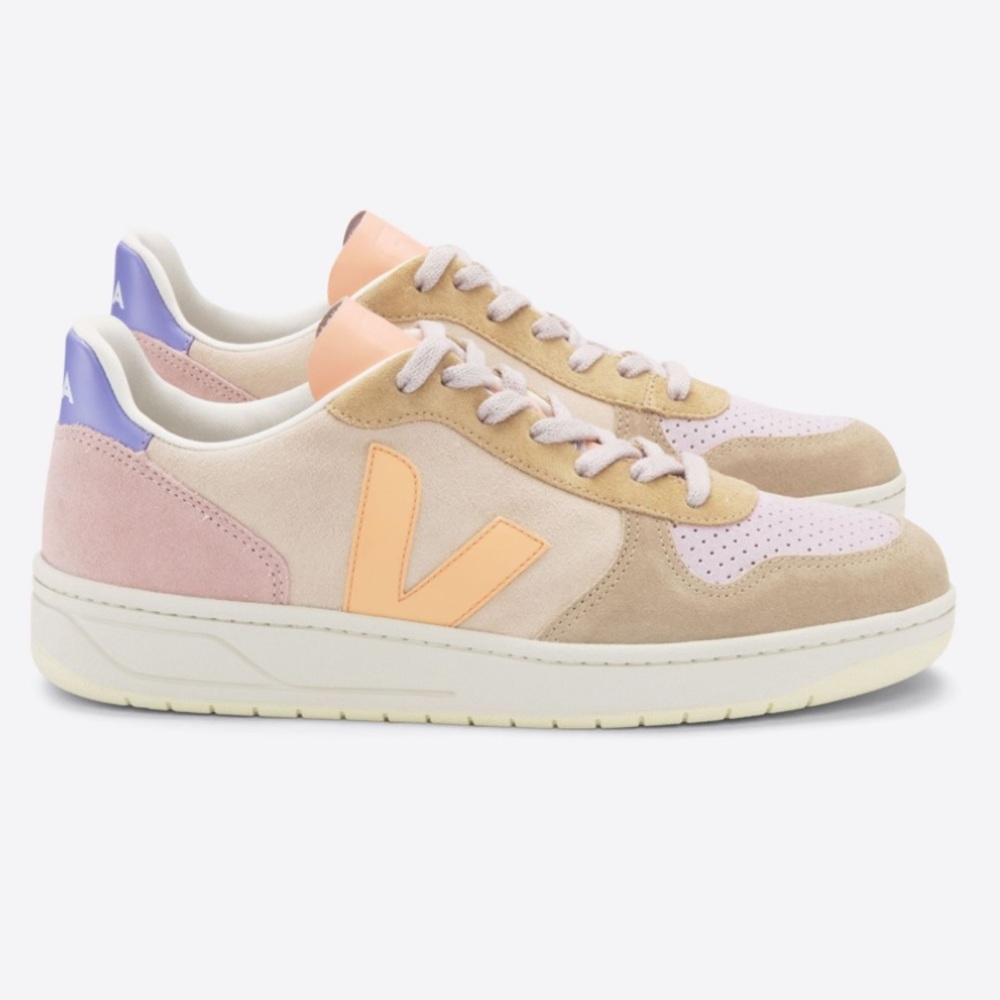 Veja Women's Multicolor Suede & Leather V-10 Sneakers — Peach, Pink & Beige